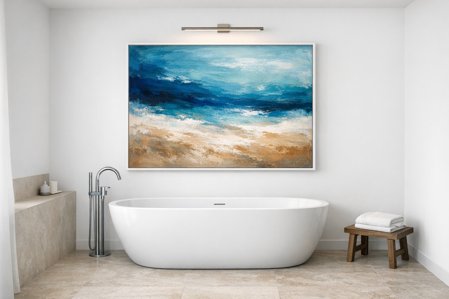 A master bathroom with a single large art piece