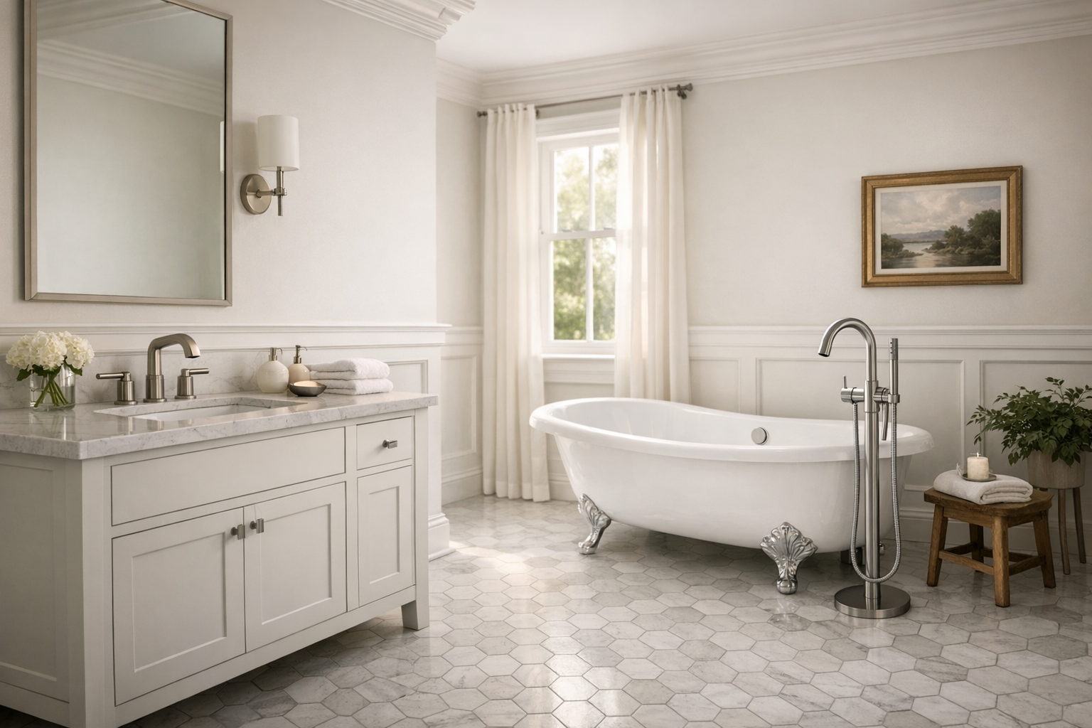 A master bathroom blending traditional architecture with modern finishes