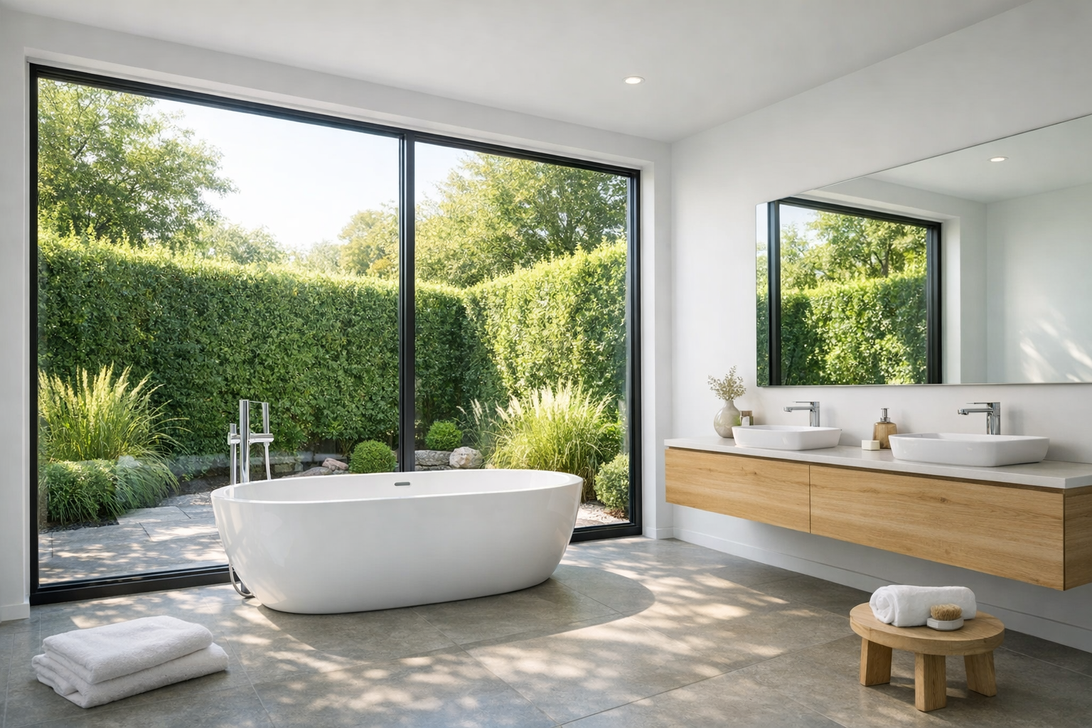 A master bathroom with oversized floor-to-ceiling windows