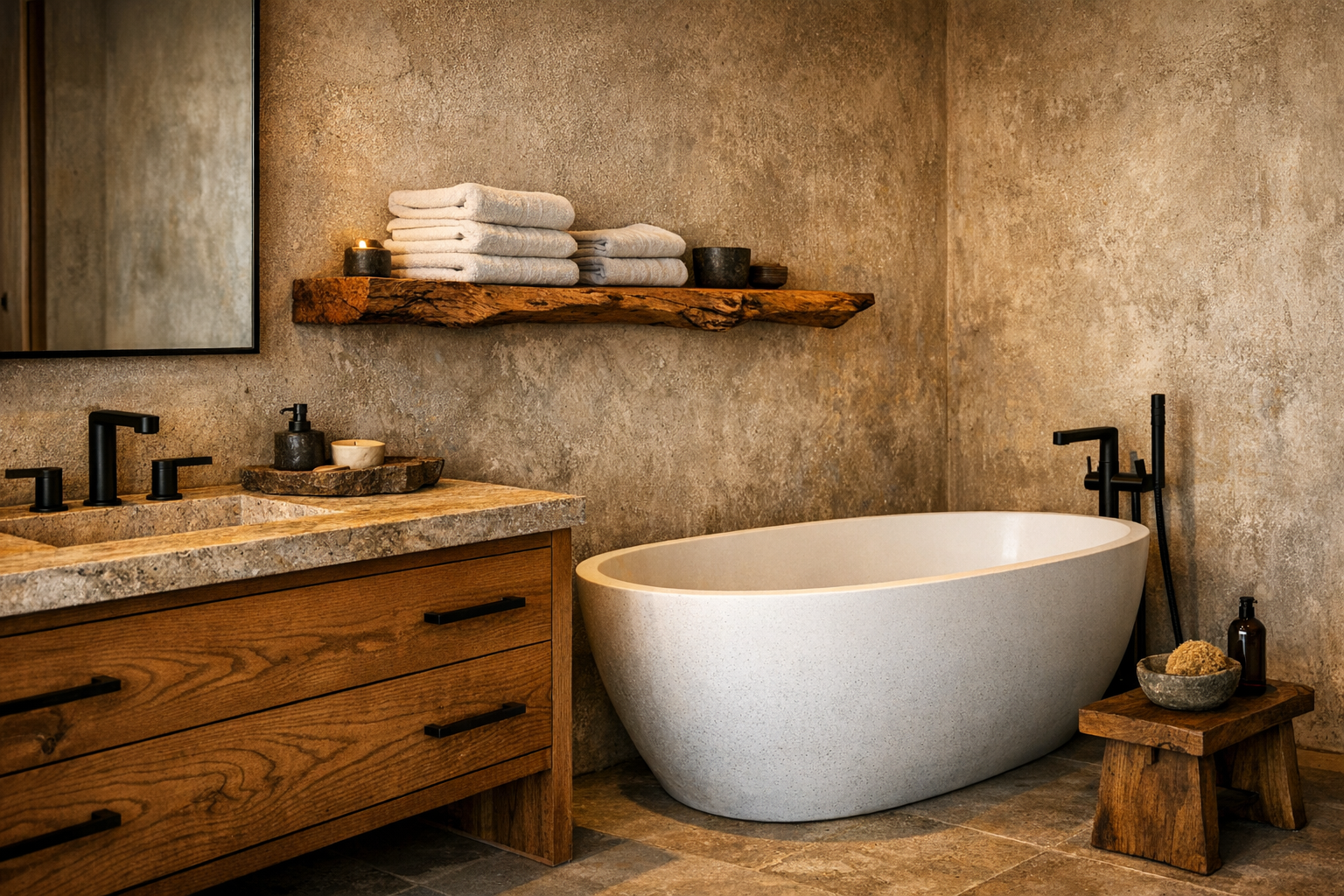 A master bathroom built with natural materials that age beautifully