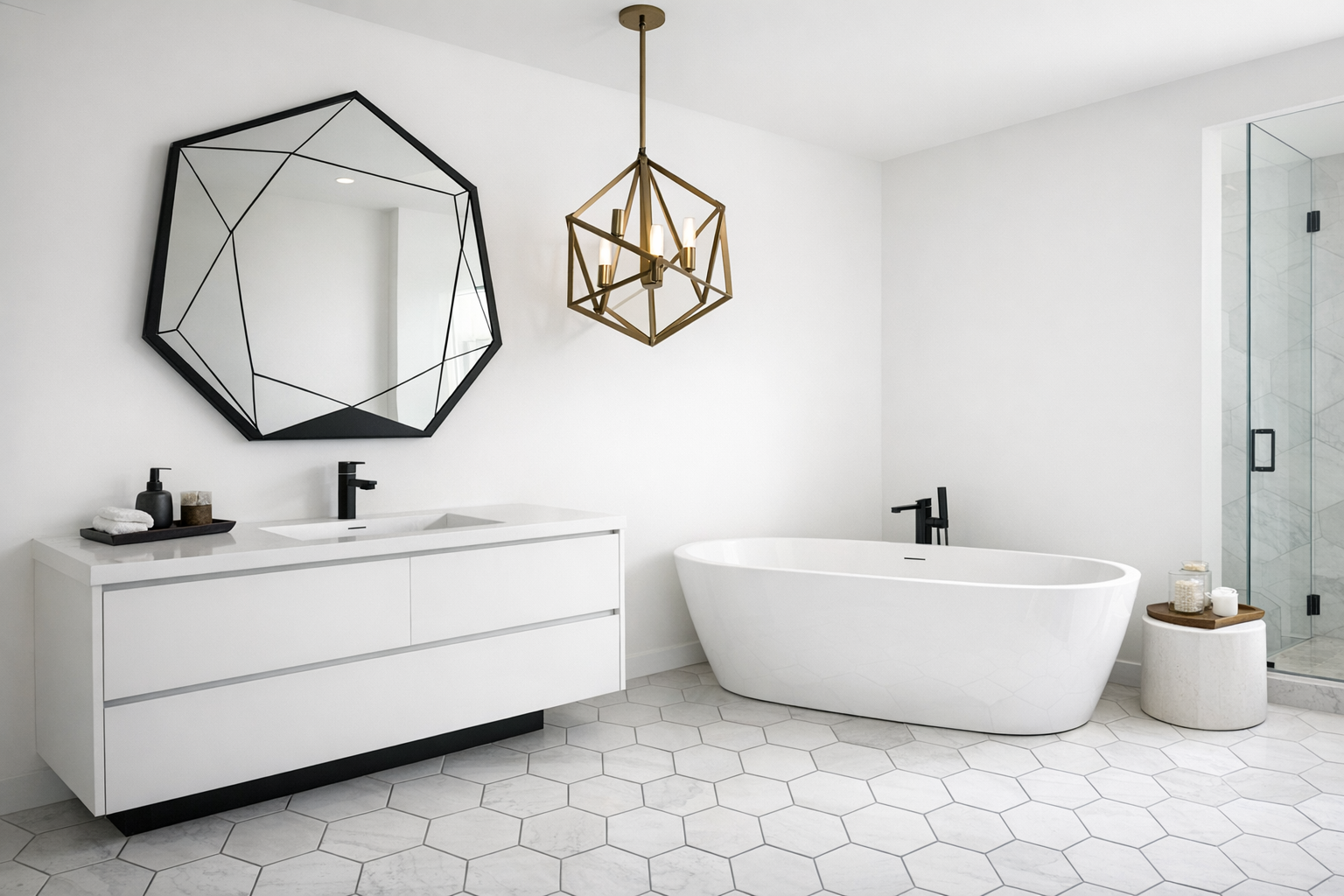 A master bathroom with geometric design elements