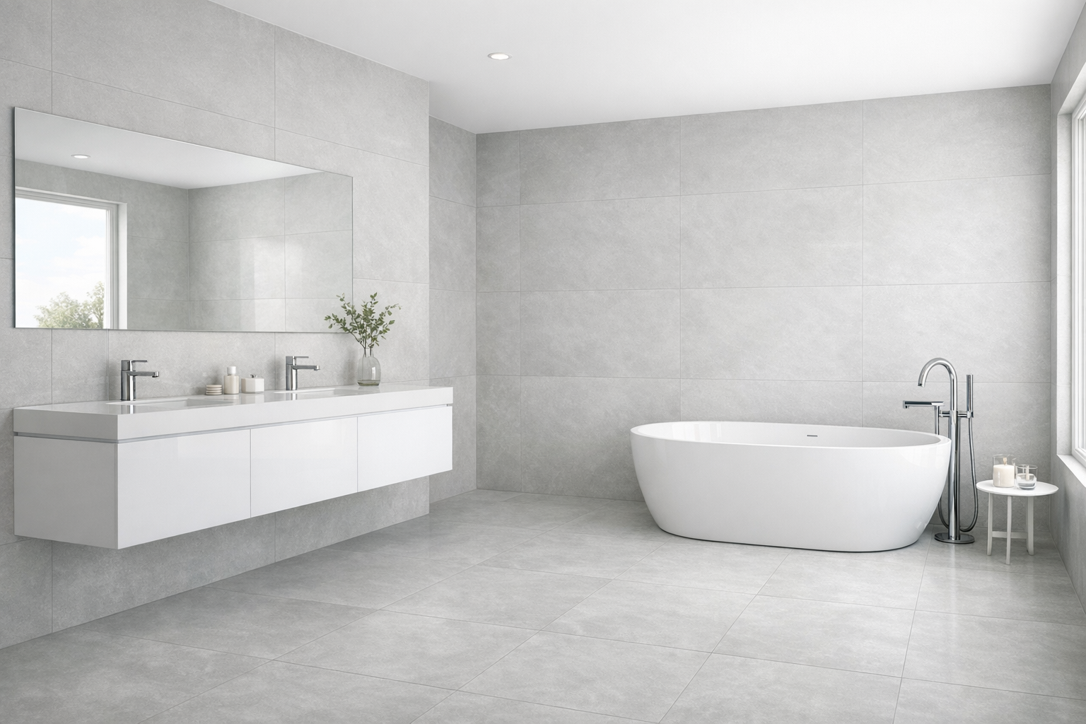 A master bathroom with large-format tiles