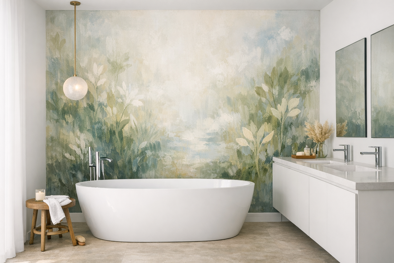 A master bathroom with a hand-painted mural on one wall