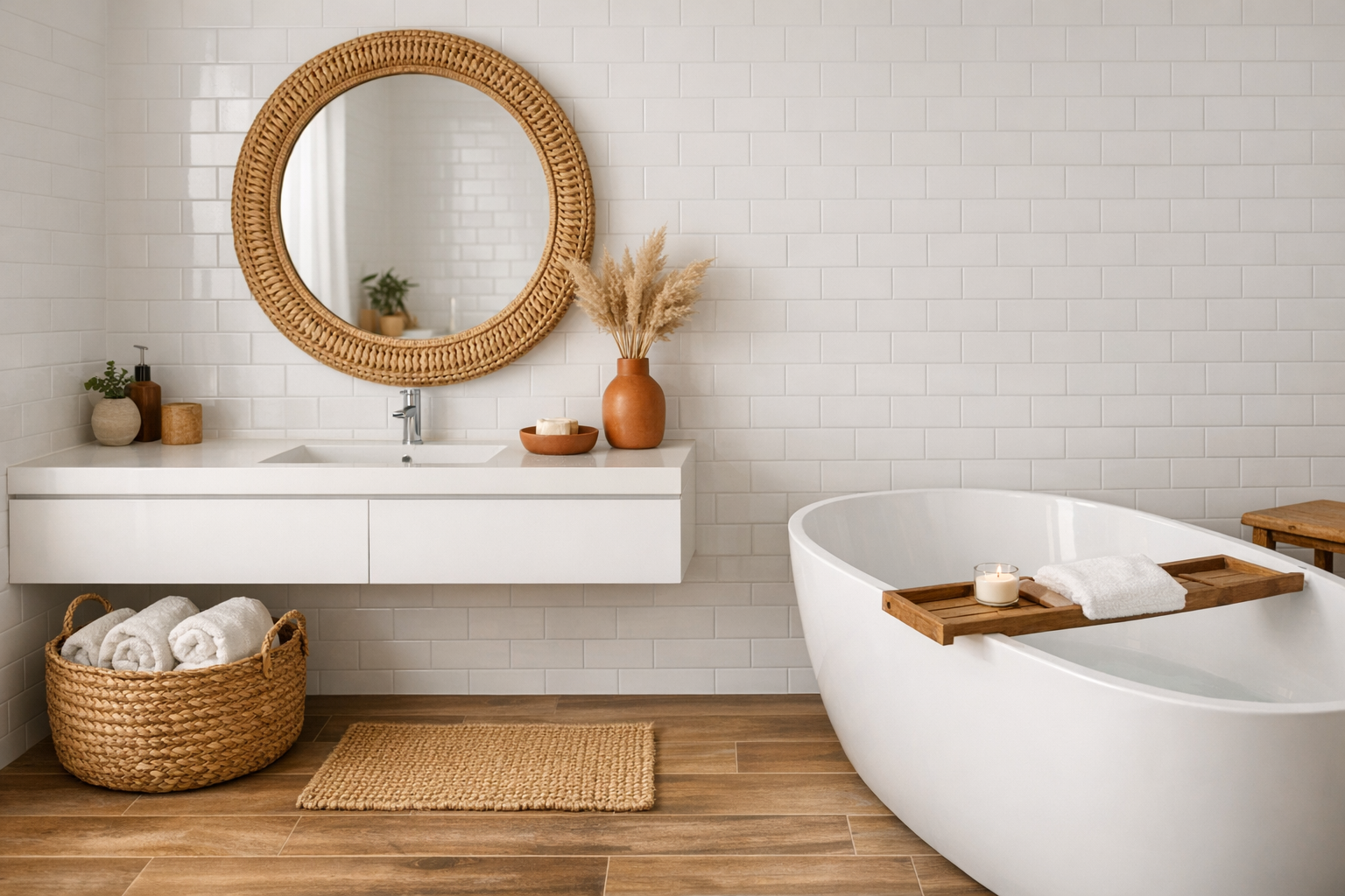 A modern bohemian master bathroom