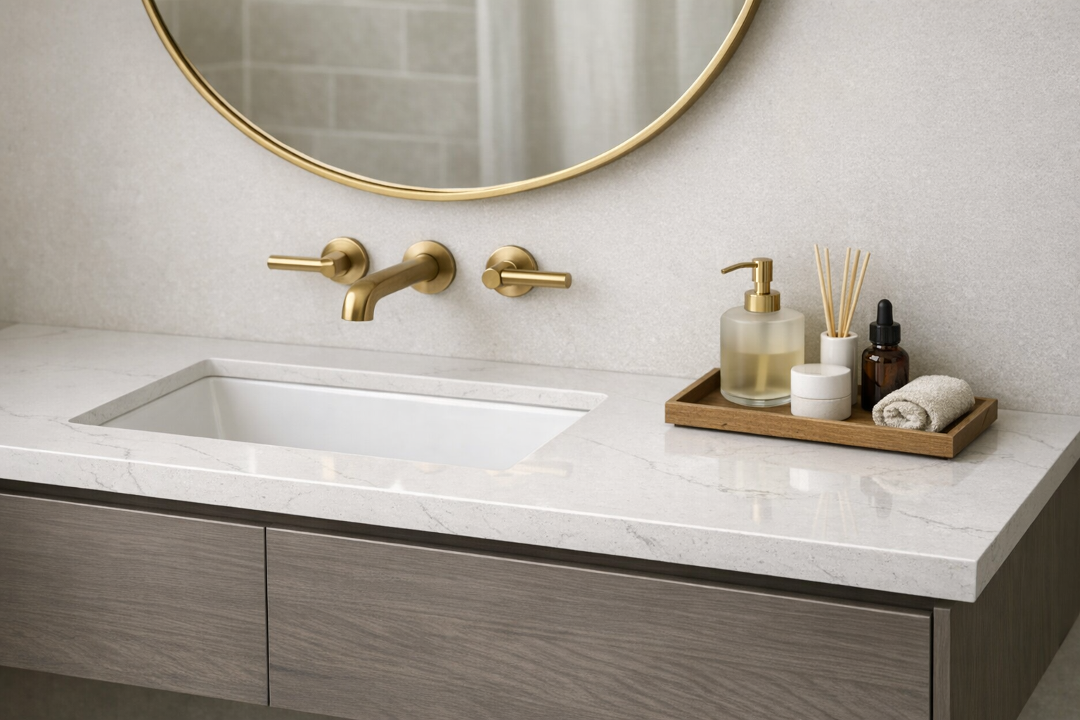 A master bathroom vanity with a quartz countertop