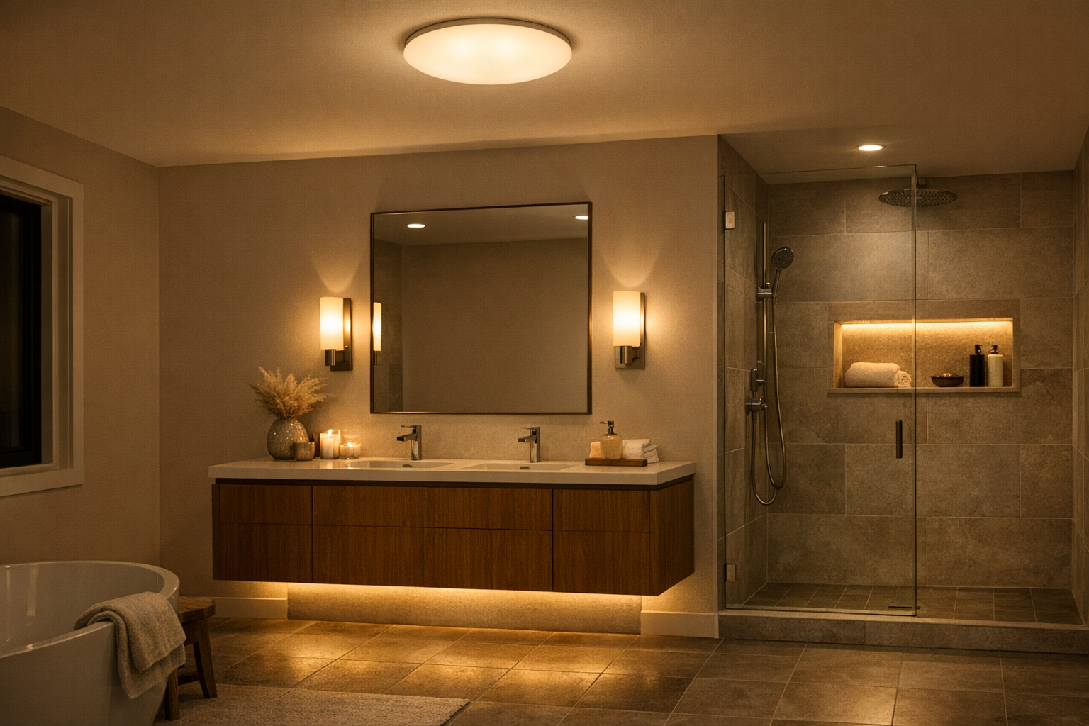 A master bathroom demonstrating three layers of lighting