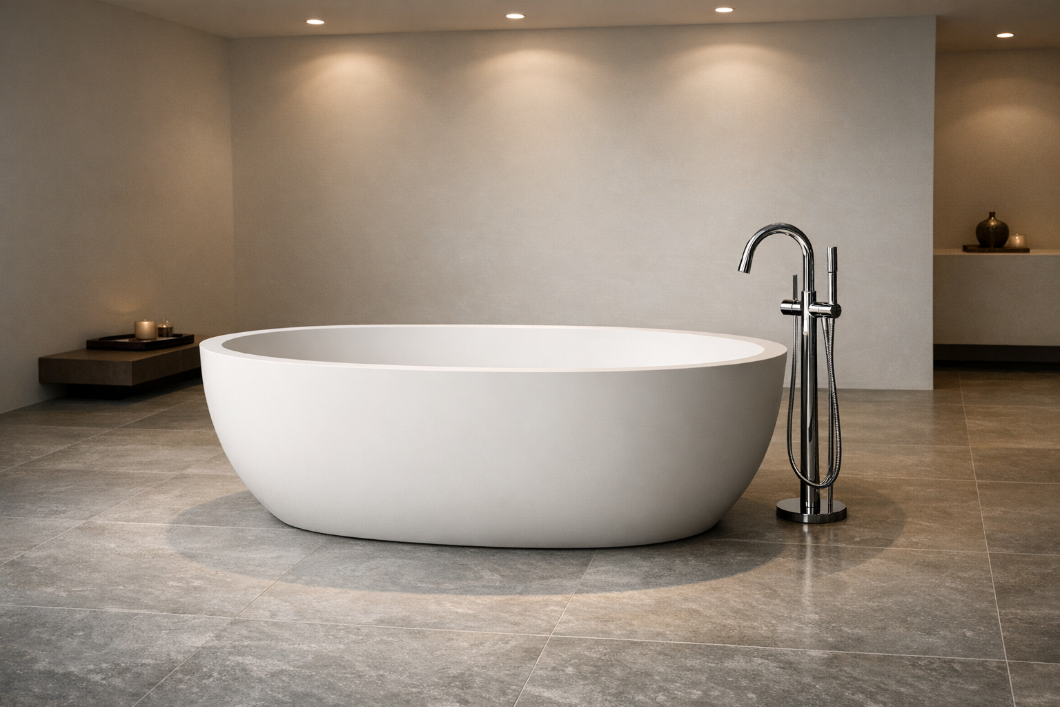 A white stone resin freestanding bathtub as the undisputed centerpiece of a luxury master bathroom