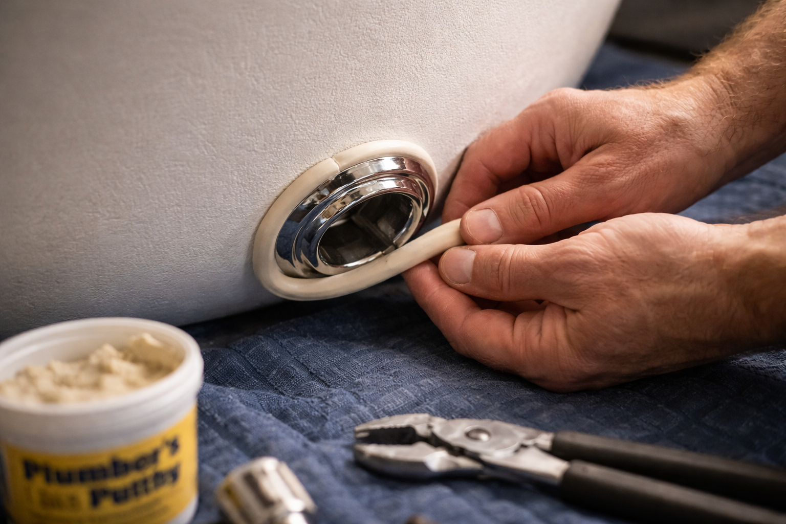 Applying plumber's putty around a freestanding bathtub drain flange during installation