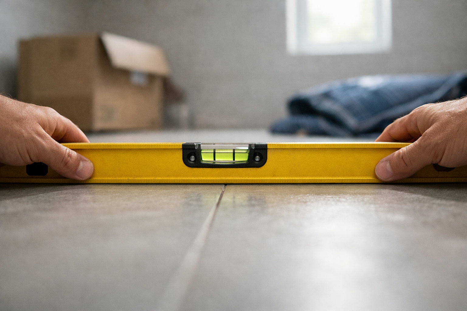 Using a level to check bathroom floor before freestanding bathtub installation