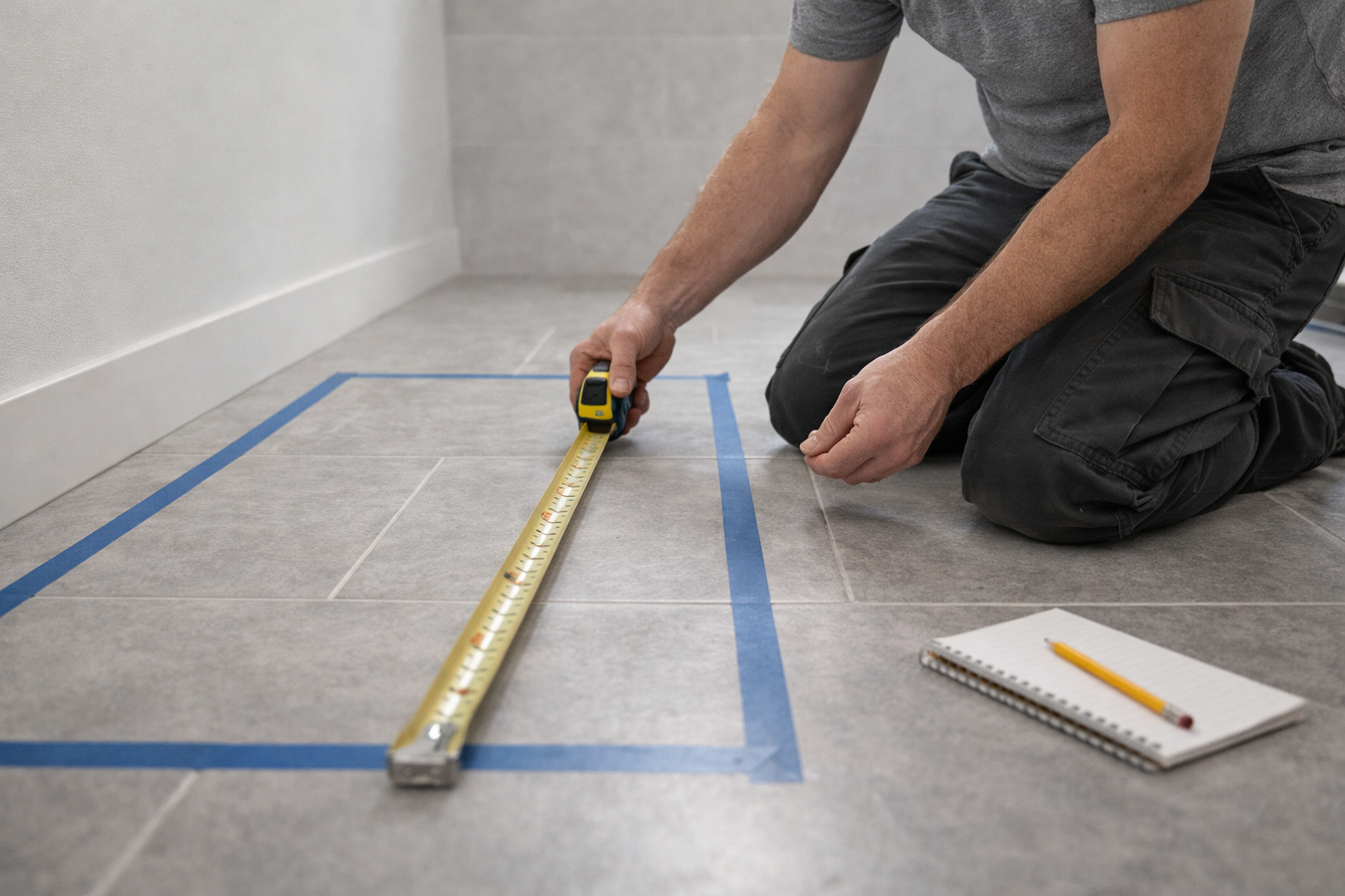 Measuring bathroom clearance from wall to bathtub footprint marked with painter's tape on tile floor