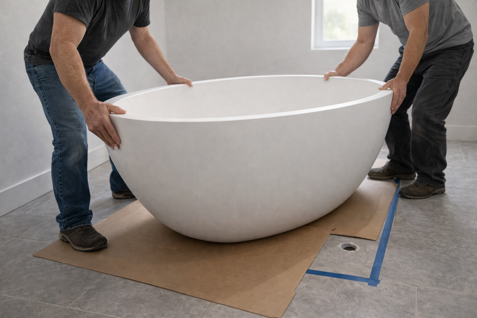Two people carefully positioning a white freestanding bathtub onto protective cardboard during dry fit