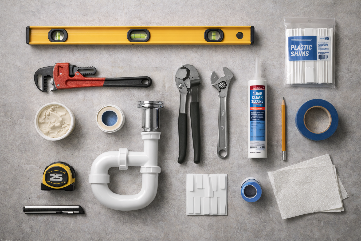 Tools and materials needed for freestanding bathtub installation including level, pipe wrench, plumber's putty, silicone caulk, drain assembly, P-trap, and shims