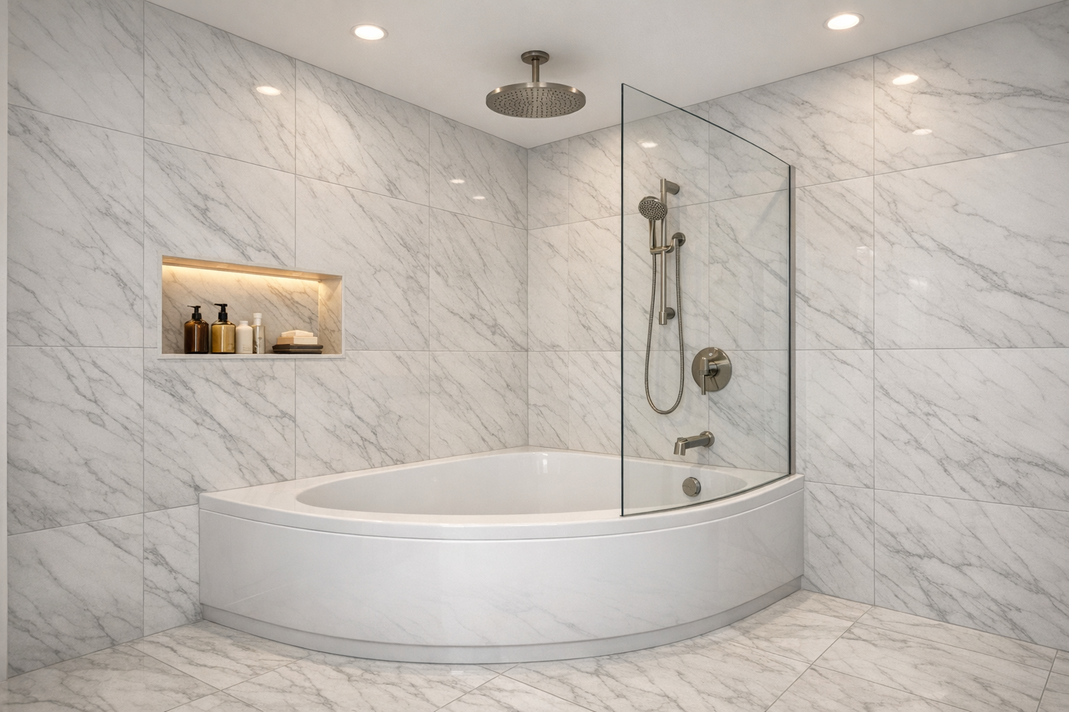 Corner tub-shower combo with floor-to-ceiling marble-look tile, frameless glass entry, and ceiling-mount rain showerhead