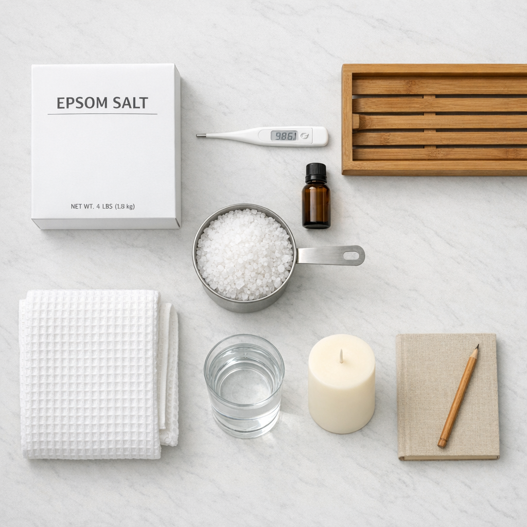 Flat lay of epsom salt bath supplies including measured salt crystals, digital thermometer, lavender essential oil, wooden bath tray, towel, and candle on a light marble surface