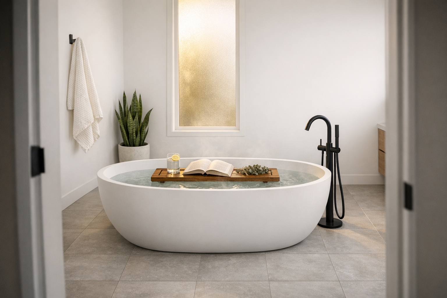 Modern minimalist bathroom with white stone resin freestanding bathtub, wooden bath caddy holding a book and eucalyptus, warm afternoon light through frosted glass window