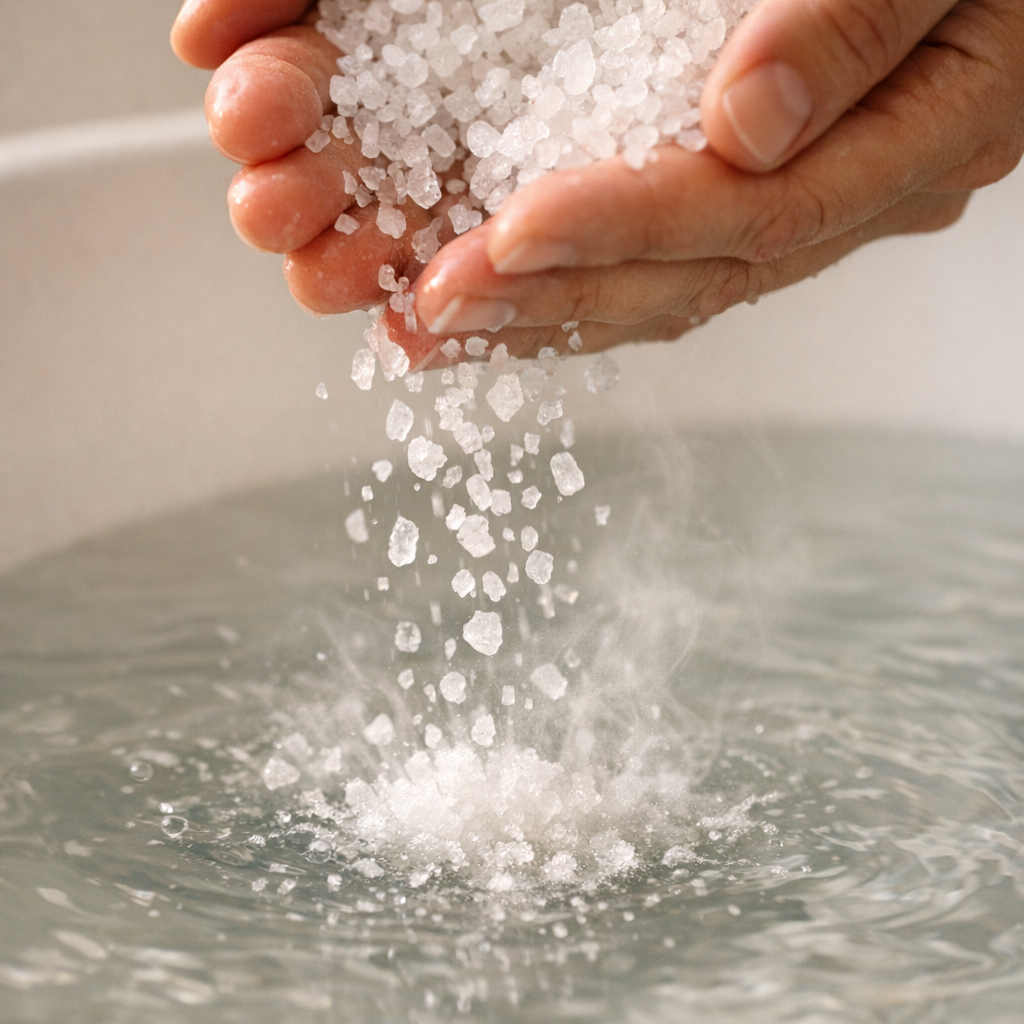 Hands pouring coarse epsom salt crystals into warm bathwater in a white stone resin bathtub, crystals dissolving on the water surface