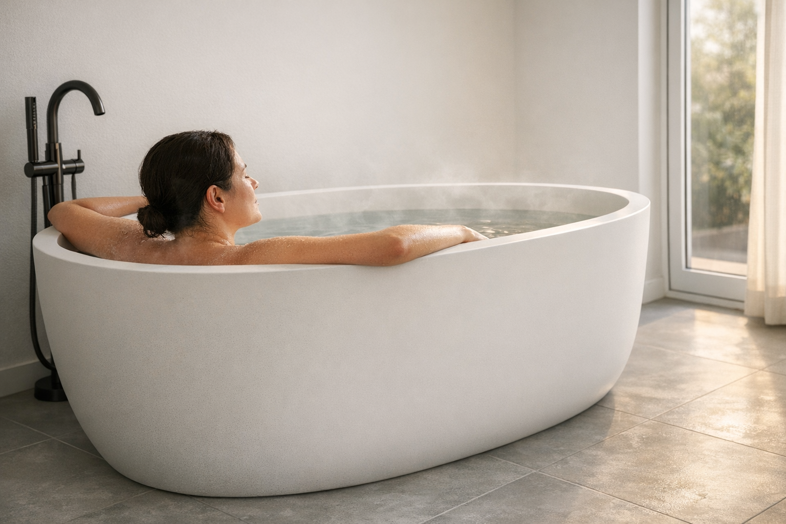Person submerged to the shoulders in a deep white stone resin freestanding bathtub during an epsom salt soak, showing full body immersion depth