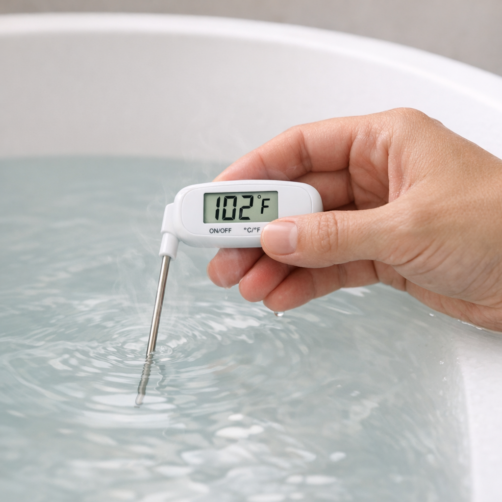 Hand holding a digital thermometer reading 102 degrees Fahrenheit in warm bathwater inside a white stone resin freestanding tub before an epsom salt soak