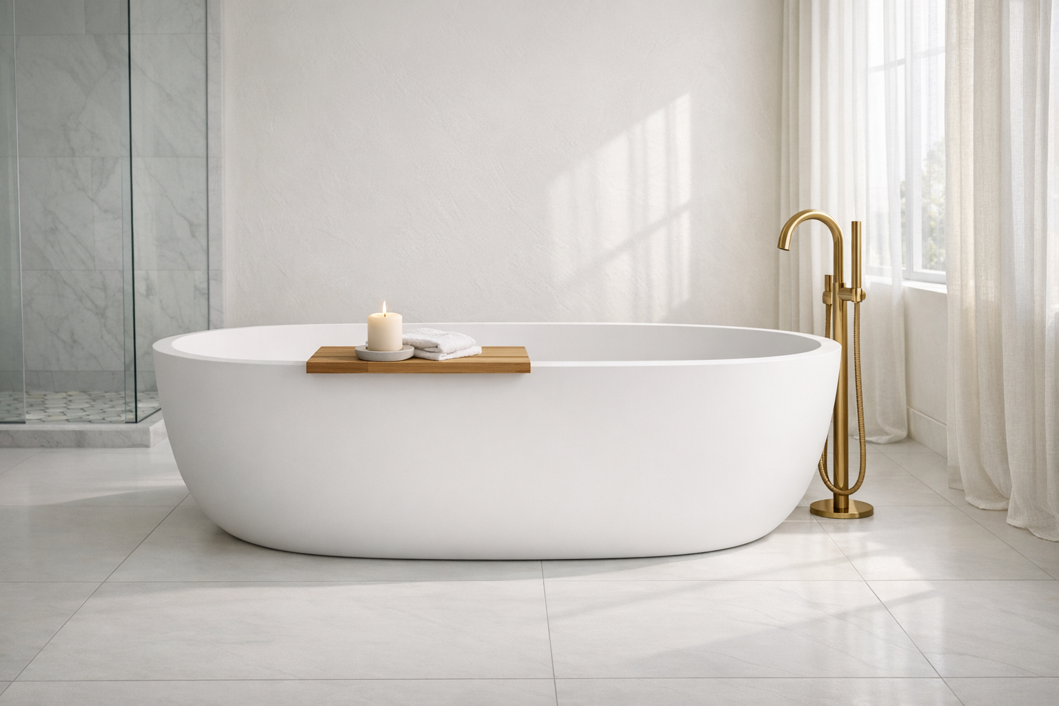 Matte white stone resin freestanding bathtub as the centerpiece of a bright, modern master bathroom with separate walk-in shower