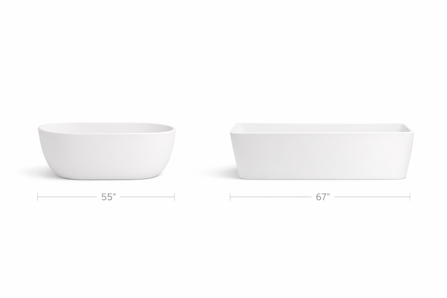Two Badeloft stone resin freestanding bathtubs side by side: compact 55-inch oval model and longer 67-inch rectangular model