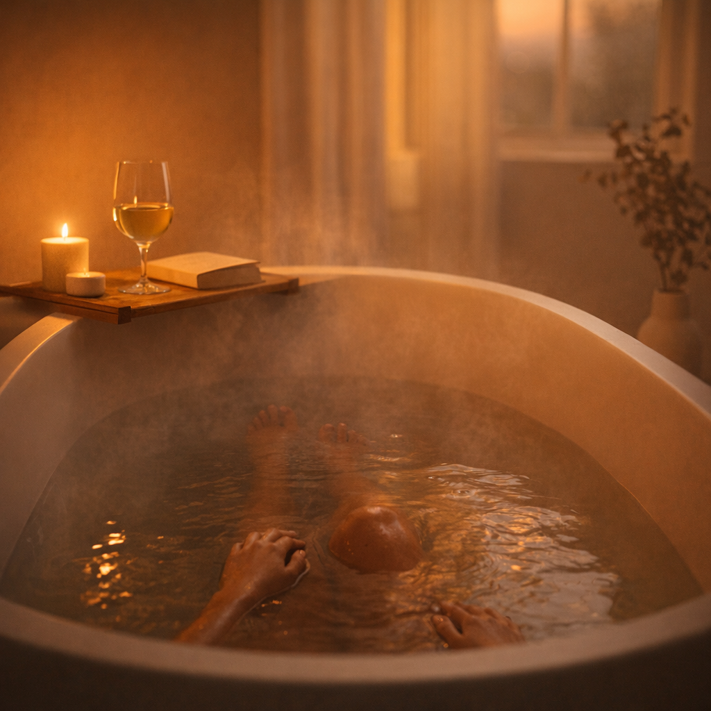 Person relaxing in a deep stone resin freestanding bathtub with warm evening lighting, wooden bath tray with wine and candle
