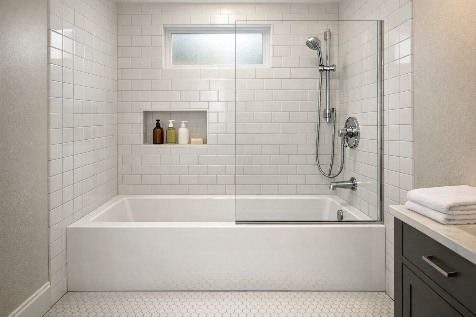 Clean, modern alcove tub-shower combo with white subway tile, frameless glass panel, and chrome fixtures in a family bathroom