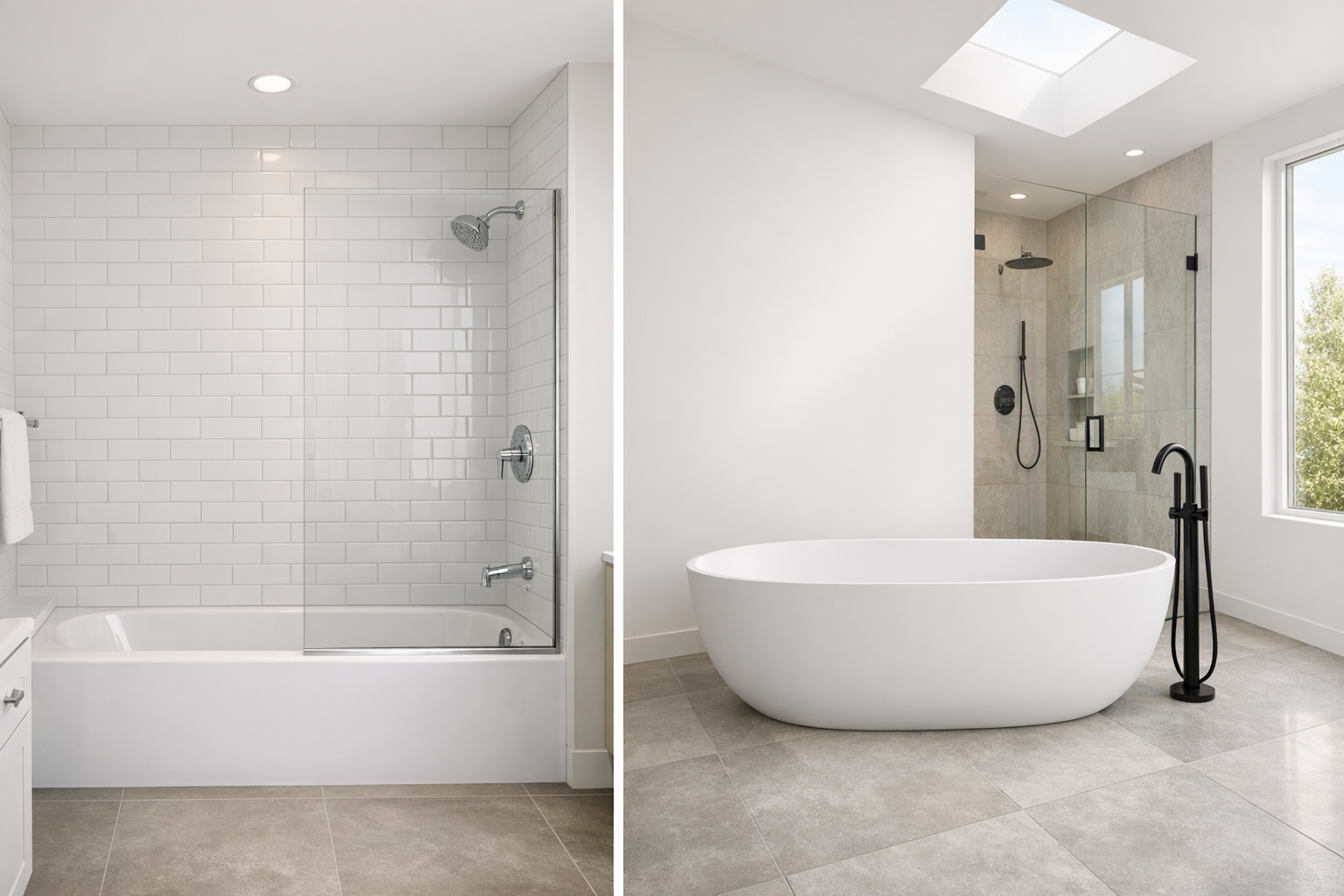 Side-by-side comparison of a modern alcove tub-shower combo in a family bathroom and a freestanding stone resin bathtub in a master suite