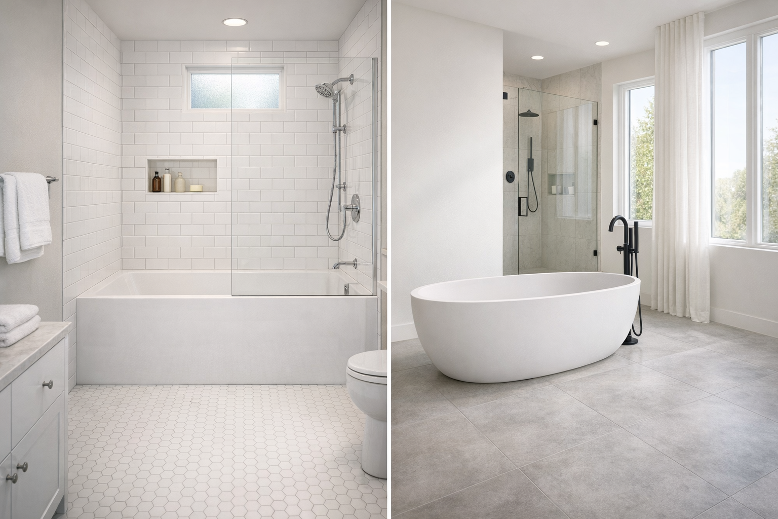 Split image comparing a styled alcove tub-shower combo in a family bathroom with a freestanding stone resin bathtub in a luxury master suite