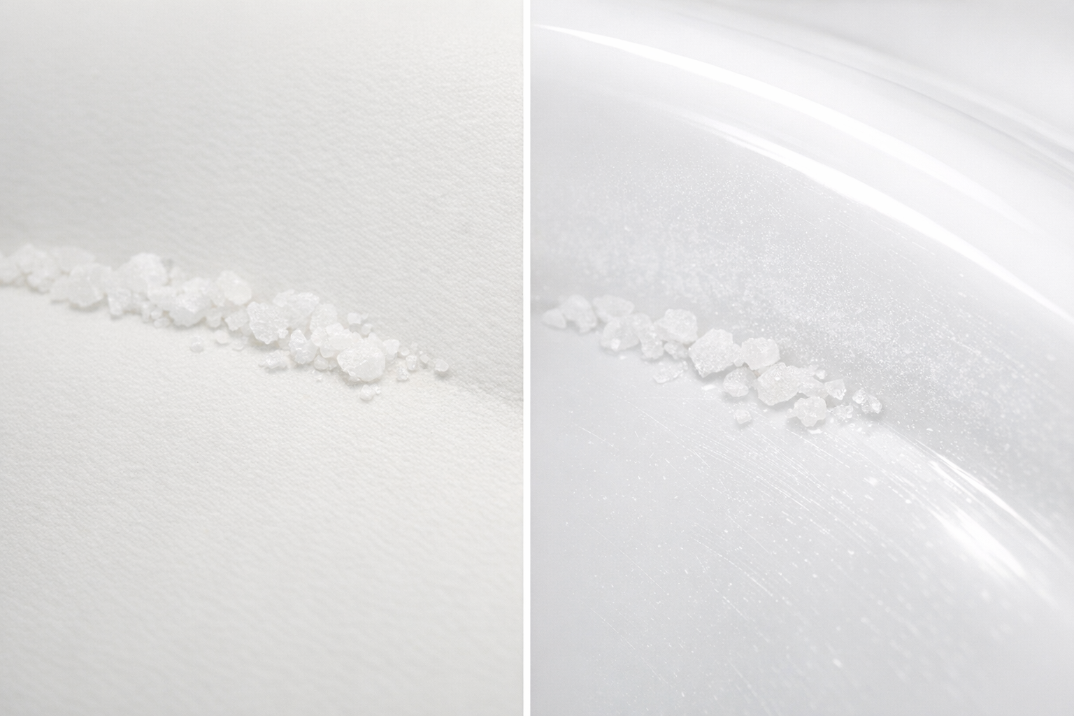 Side-by-side close-up comparison of stone resin tub surface (left, pristine after epsom salt use) and acrylic tub surface (right, showing minor scratching and mineral residue)