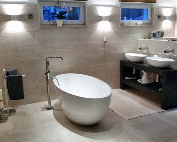 modern bathroom with luxury tub and sink combo